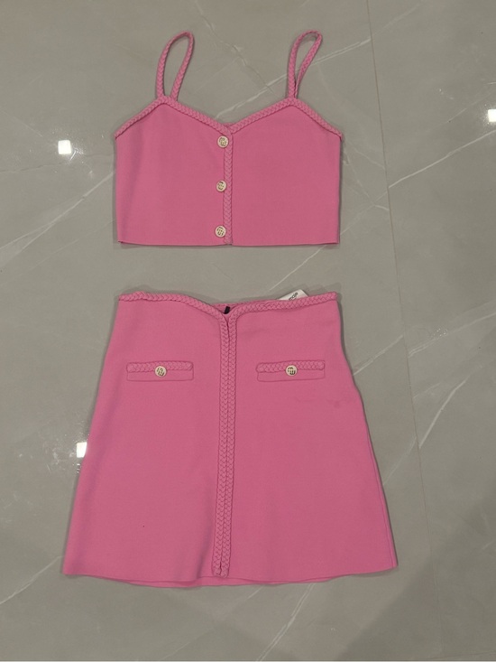 Maje Dresses & Skirts - Maje Barbie Pink Braided Trim Crop Top & Skirt Set